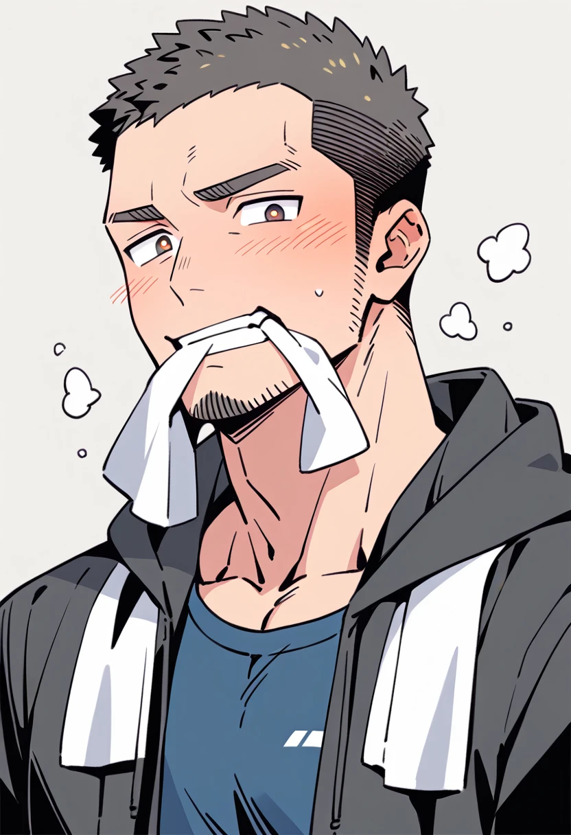 anime characters：Priapus, Muscle Sports Student, Buzz Cut, Manliness, male focus, Sports tight hooded sweatshirt, Very tight, full and perky chest muscles, muscular male, muscular, only, Upper body, alone, Black short hair, Thick eyebrows, stubble, Brown-red pupils, White background, simple background, amazing quality, best aesthetics, Ridiculous, crew cut, blush, mouth hold, Mouth biting a white towel, embarrassed, shy, endured face, negative space, best quality