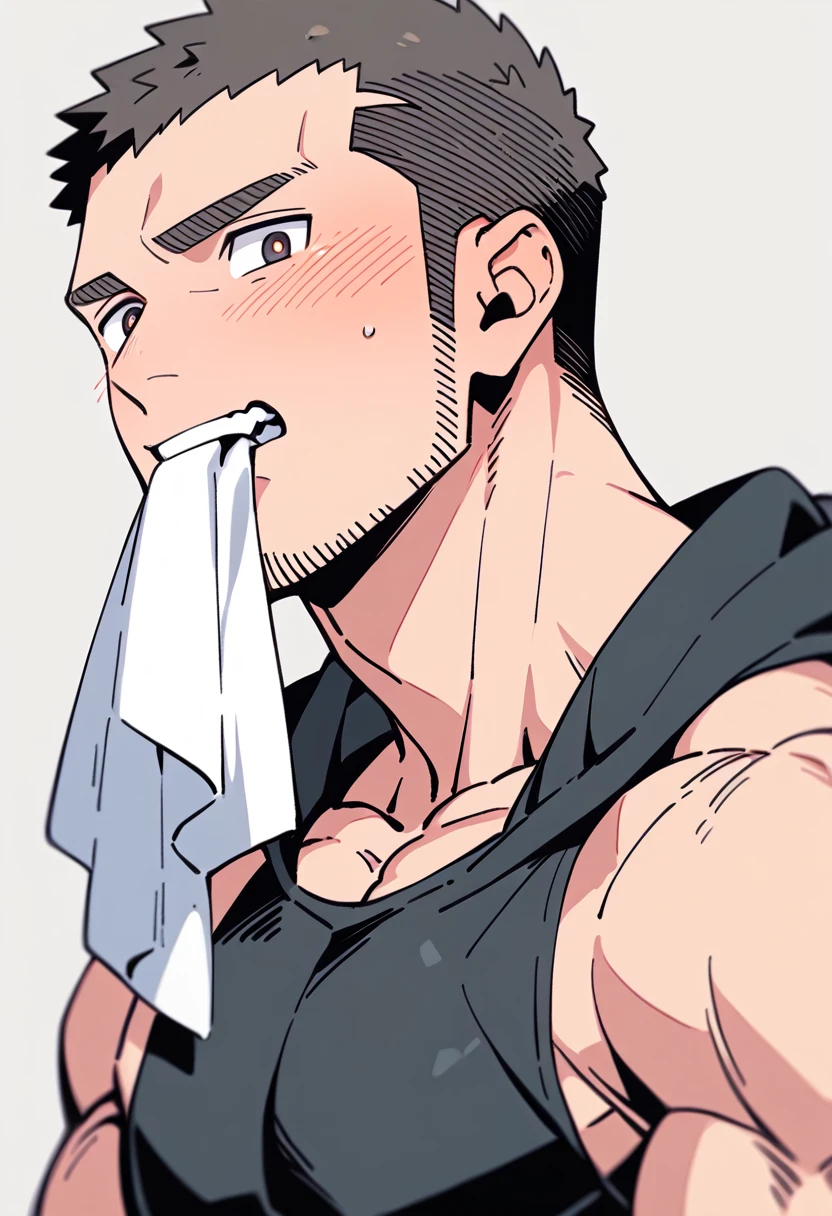 anime characters:Priapus, Muscle Sports Student, Buzz Cut, Manliness, male focus, Sports tight hooded sweatshirt, Very tight, full and perky chest muscles, muscular male, muscular, only, Upper body, alone, Black short hair, Thick eyebrows, stubble, Brown-red pupils, White background, simple background, amazing quality, best aesthetics, Ridiculous, crew cut, blush, mouth hold, Mouth biting a white towel, embarrassed, shy, endured face, negative space, best quality