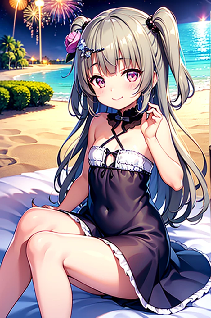 Himari Meimei, masterpiece, Voluptuous thighs, petit body,  girl, flat chest, {1 Girl}, Cute and erotic smile, Highly detailed sparkling purple eyes, summer night, fireworks,  困り眉, open legs, legs up, brilliant silver grey hair, lying on beach bed, 