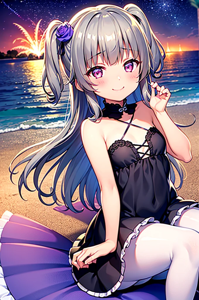 Himari Meimei, masterpiece, Voluptuous thighs, petit body, little young girl, flat chest, {1 Girl}, Cute and erotic smile, Highly detailed sparkling purple eyes, summer night, fireworks,  困り眉, open legs, legs up, brilliant silver grey hair, lying on beach bed, 