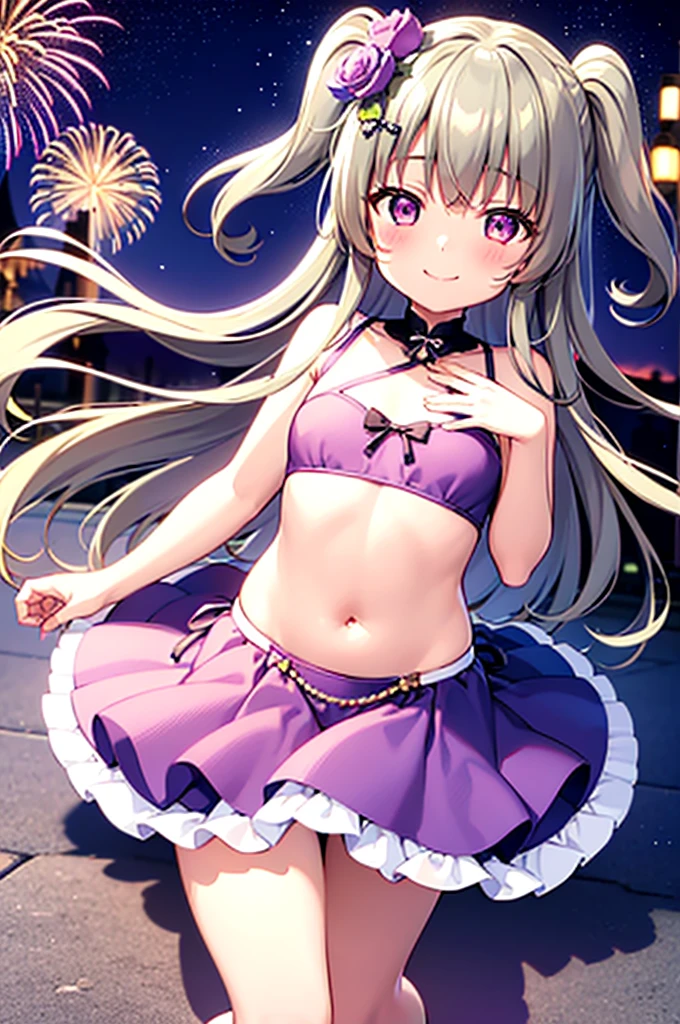 Himari Meimei, masterpiece, Voluptuous thighs, petit body, little young girl, flat chest, {1 Girl}, Cute and erotic smile, Highly detailed sparkling purple eyes, summer night, fireworks,  困り眉, open legs, legs up, brilliant silver grey hair, lying on beach bed, 