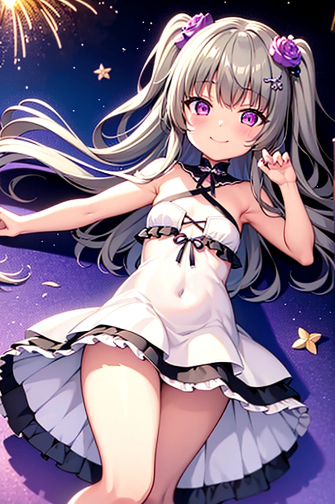 Himari Meimei, masterpiece, Voluptuous thighs, petit body, little young girl, flat chest, {1 Girl}, Cute and erotic smile, Highly detailed sparkling purple eyes, summer night, fireworks,  困り眉, open legs, legs up, brilliant silver grey hair, lying on beach bed, 