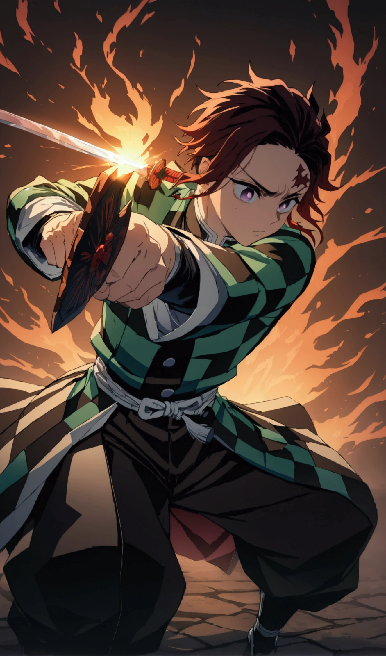 (1 male,Tanjiro Kamado),Demon slayer,Tanjiro Costume,tanjiro has a sword,Water and fire effects,Intricate details,,Decadent,artwork,rendering,Dynamic pose,(masterpiece:1.3),(highest quality:1.4),(Super detailed:1.5),High resolution,Very detailed,unity 8k wallpaper,Dark fantasy,,Glare,Fighting Style,Glare,Desperate form,BREAK,The sword is a Japanese sword,Japanese swords are straight and have a metallic luster..,Please hold the handle of the Japanese sword