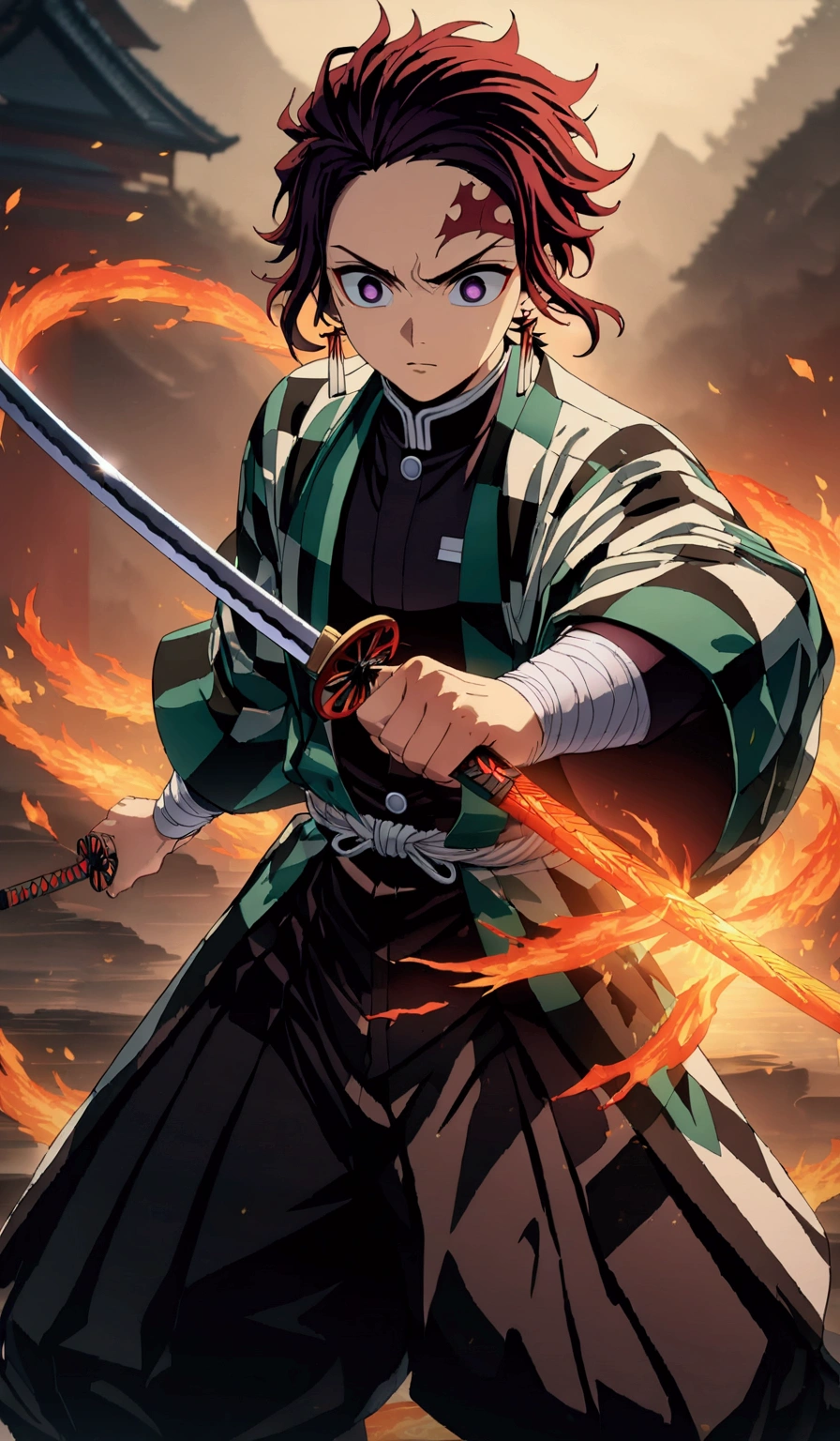 (1 male,Tanjiro Kamado),Demon slayer,Tanjiro Costume,tanjiro has a sword,Water and fire effects,Intricate details,,Decadent,artwork,rendering,Dynamic pose,(masterpiece:1.3),(highest quality:1.4),(Super detailed:1.5),High resolution,Very detailed,unity 8k wallpaper,Dark fantasy,,Glare,Fighting Style,Glare,Desperate form,BREAK,The sword is a Japanese sword,Japanese swords are straight and have a metallic luster..,Please hold the handle of the Japanese sword