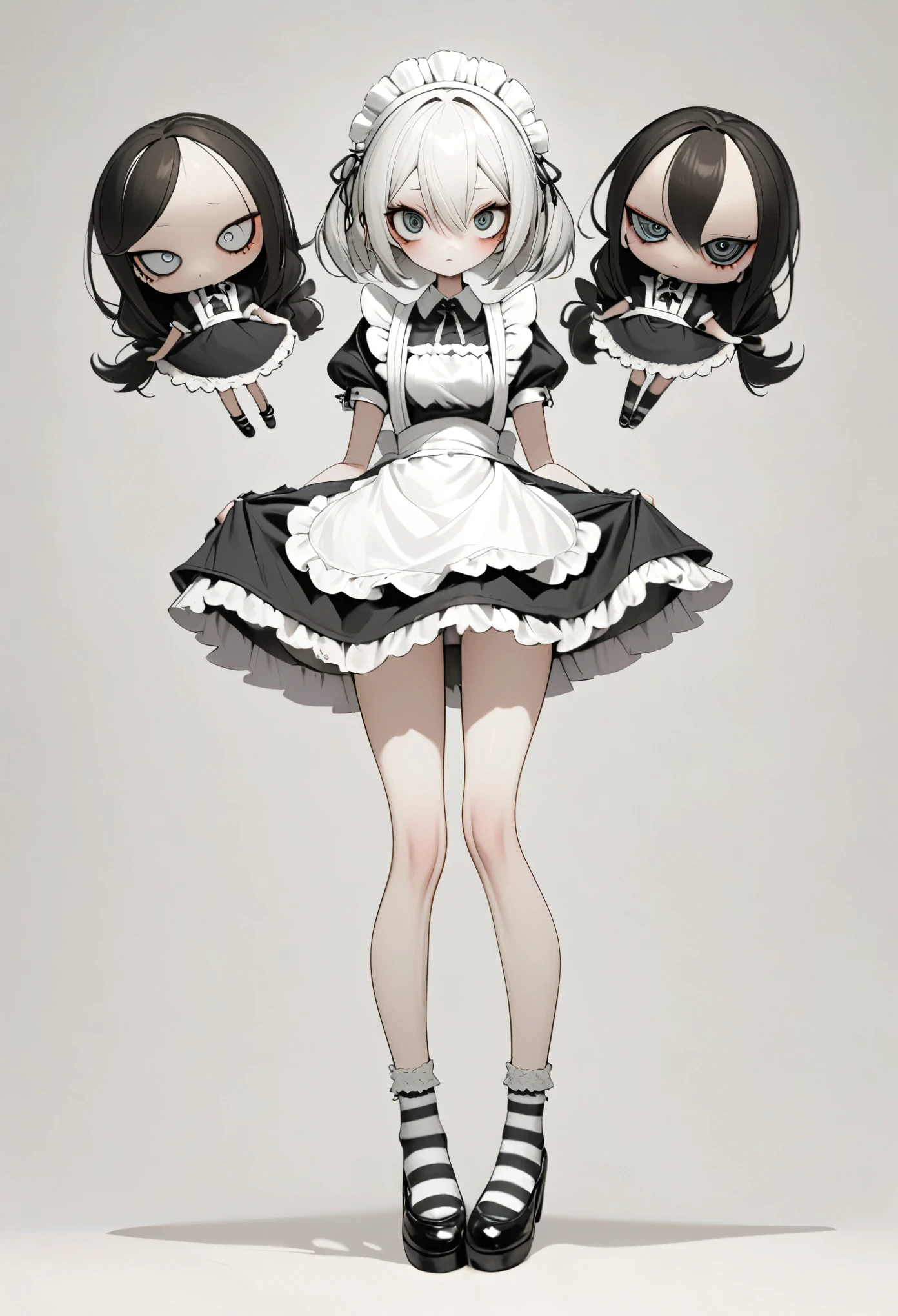 1 big eyes doll，Unique，Maid costume，black and white，Slender legs，Long striped socks，shoe