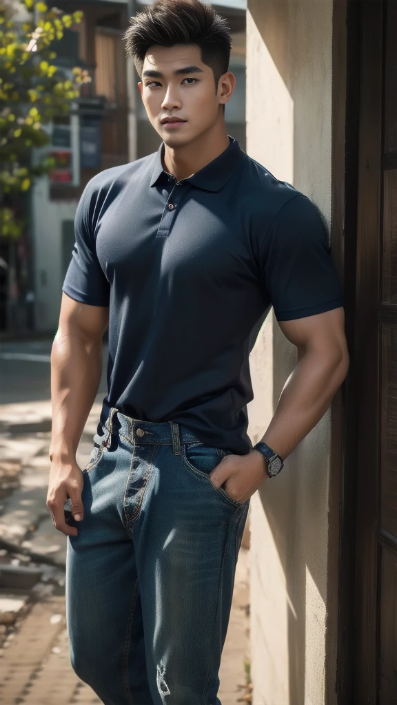 Natural light, realistic, Thai man, ทรงผมสั้น buzz cut, Handsome, muscular, big muscles, Broad shoulders, model,  Wear a tight polo shirt. dark blue jeans standing smiling , outdoor outside