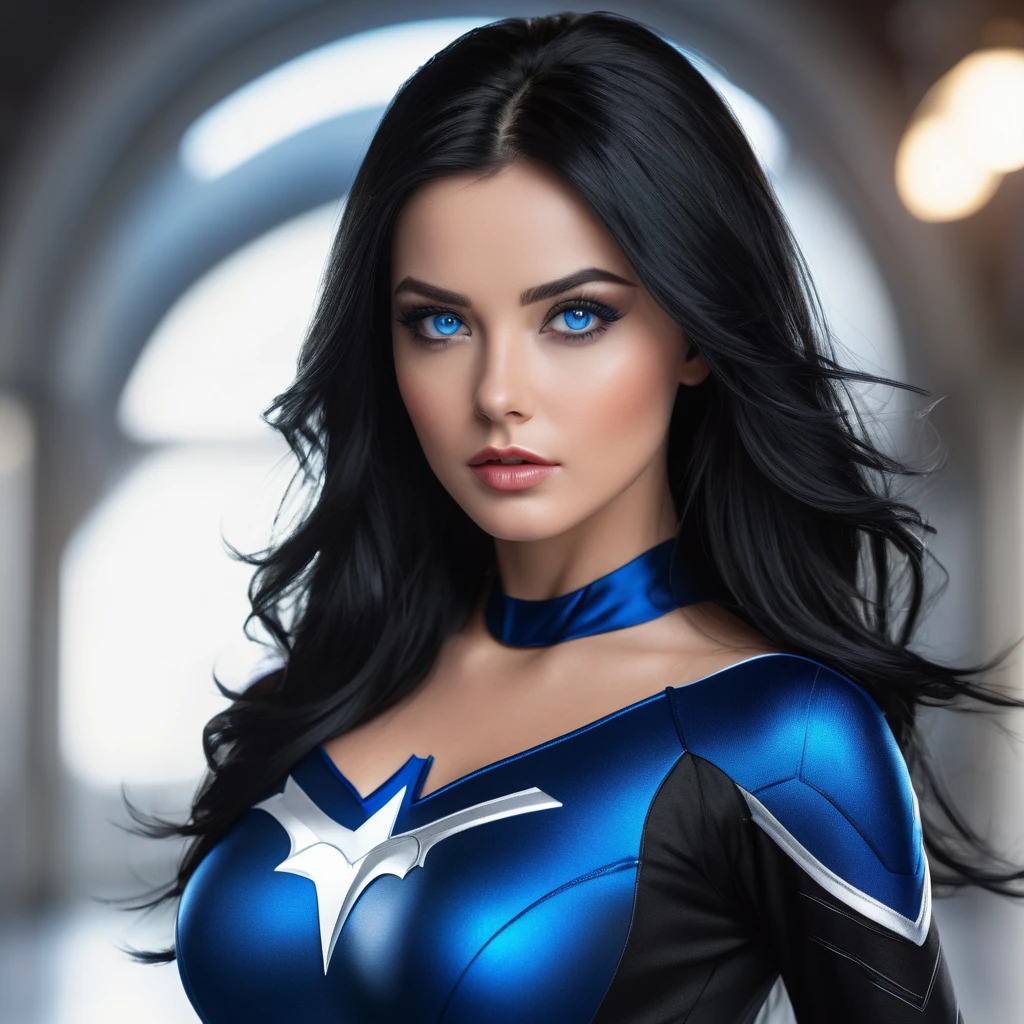 A girl of stunning beauty, with black hair, blue eyes, a sculpted body dressed in a superhero costume, in 4K resolution and realistic image.