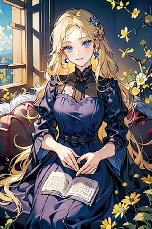 Masterpiece, high quality, Single female, Ethereal, pretty, portrait, Russian, long wavy blonde hair, NO bangs, show forehead, olive skin, blue eyes, drunk, cocky smile, colorful, red colors, black colors, normal blue cocktail dress, no accessories, The face is smiling, arrogant, assertive, intimidating, chamomile flowers in the background, night-time, chamomile flowers frame, Rich in color, close-up shot, bust photo, NO hands. Look at viewer.