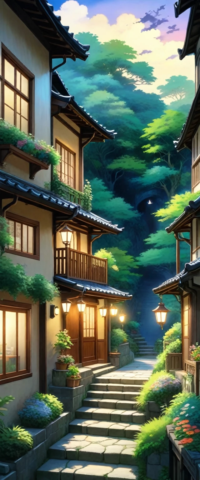 Summer evening、Cute shop at the top of the stairs、Rich in nature、((Ghibli anime)), Fantasy, wonderful,