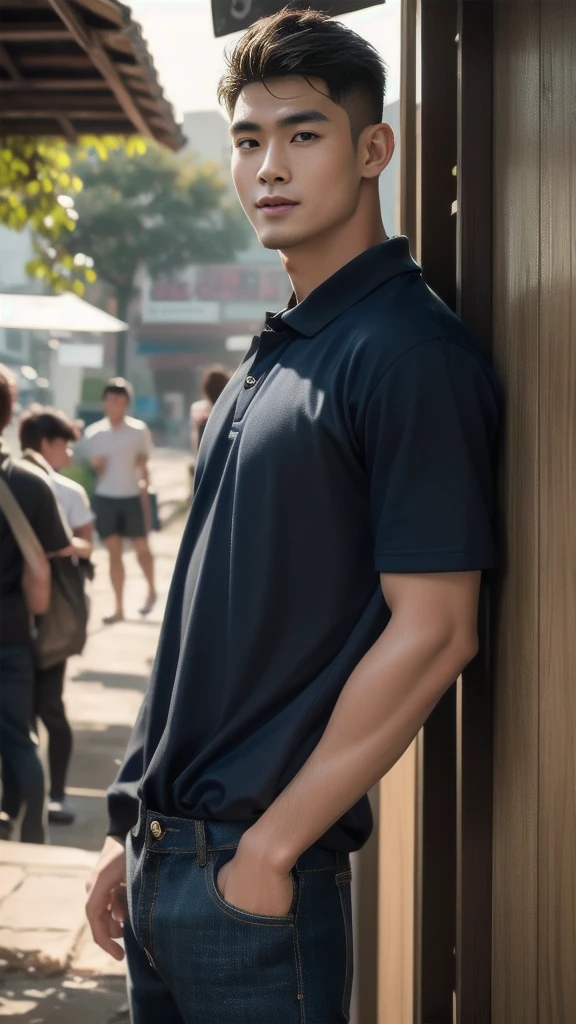 Natural light, realistic, Thai man, ทรงผมสั้น buzz cut, Handsome, muscular, big muscles, Broad shoulders, model,  Wear a tight polo shirt. dark blue jeans standing smiling , outdoor outside