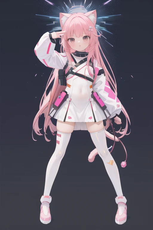 2d, Masterpiece, best quality, Highly detailed face, highly detailed background, perfect light, Japanese, very long hair, pink hair, tight outfits, tight armor. White dress with pink pattern, cyber suit, lightning all around, white stockings, pink shoes, cat ears, , flat chest, legs raised, legs spread.