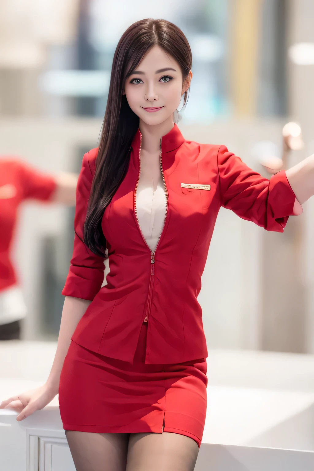 (masterpiece:1.2, Highest quality:1.2), 32k HDR, High resolution, (alone, 1 Girl), （AirAsia stewardess uniform realistic style）, A proper woman, Beautiful Face, Brown Hair, (Long hair down to the legs), (Red jacket:1.1, Unzipped jacket, Unbuttoned white shirt:1.05, Red mini skirt:1.1, pantyhose),（Showing big  through cleavage in unbuttoned white shirt）、（long hair that reaches down to the legs）、Perfect slim body:1.1, Huge breasts, huge breasts cleavage, Detailed skin texture, Beautiful Eyes, (Attractive look:1.2), necklace、Earrings、(forward leaning posture:1.5）, On the roof of a building, Rooftop at daytime,blue eyes、Hands should be lowered