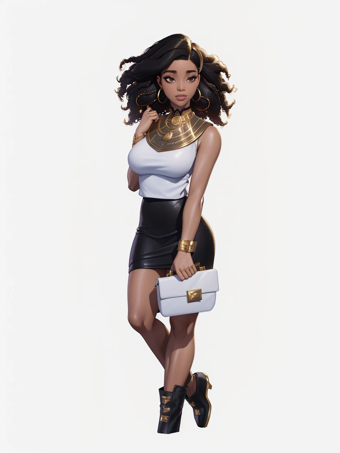 Young woman , afro hairstyle, afro, Black skirt, white mother, white handbag in hand, ((headphones на шее)), (headphones),  beautiful textured long flowing hair,  gold decoration, gold earrings, photorealistic, masterpiece,  perfect faces,  watercolor, Cinematic professional 8K photography with ray tracing, 