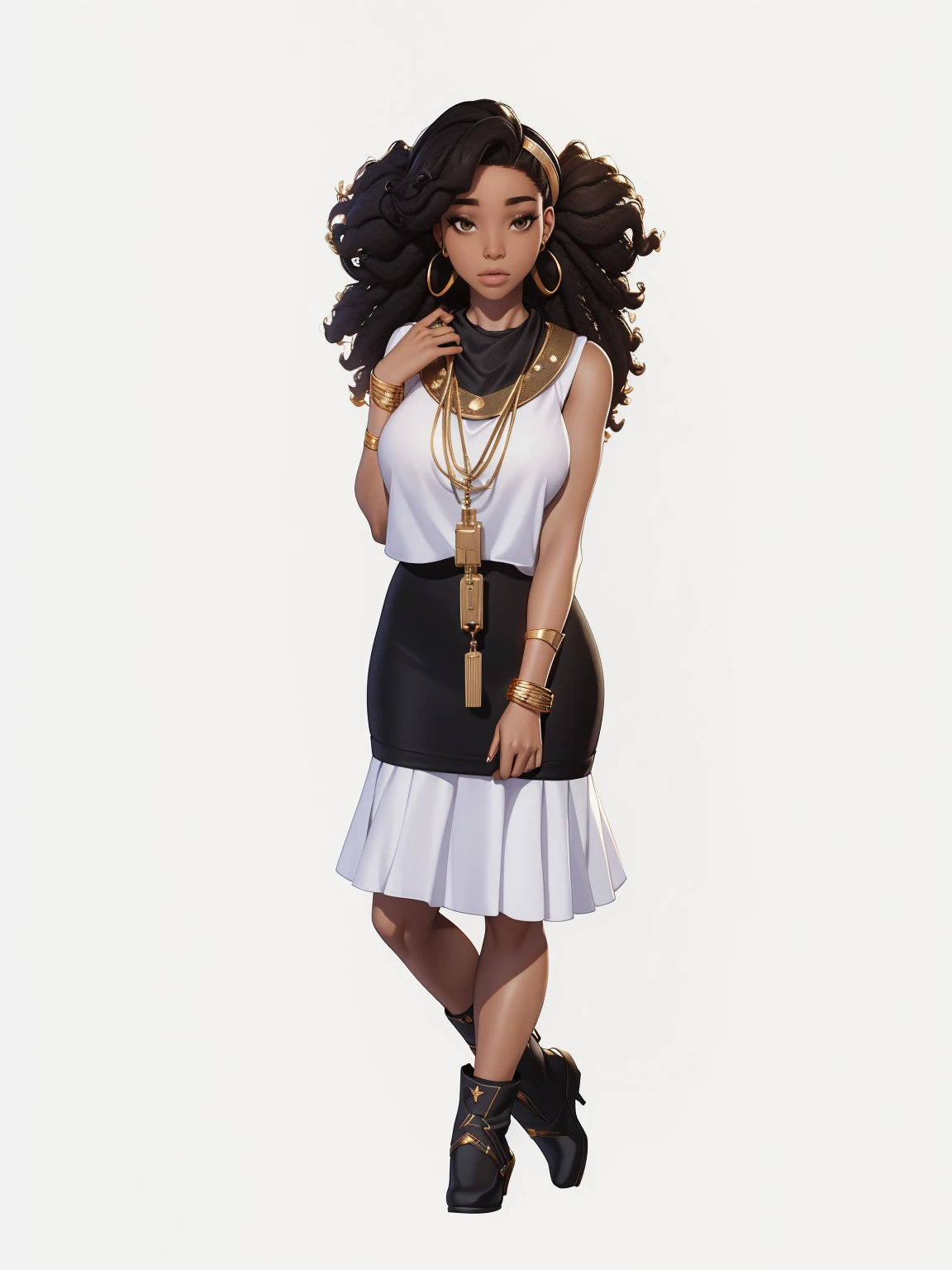 Young woman , afro hairstyle, afro, Black skirt, white mother, white handbag in hand, ((headphones на шее)), (headphones),  beautiful textured long flowing hair,  gold decoration, gold earrings, photorealistic, masterpiece,  perfect faces,  watercolor, Cinematic professional 8K photography with ray tracing, 