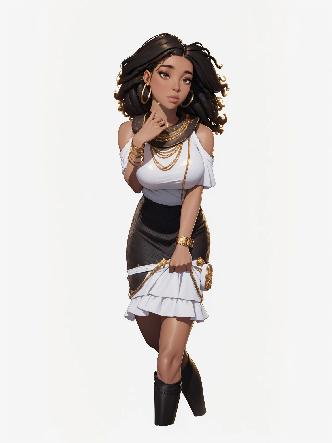 Young woman , afro hairstyle, afro, Black skirt, white mother, white handbag in hand, ((headphones на шее)), (headphones), beautiful textured long flowing hair, gold decoration, gold earrings, photorealistic, masterpiece, perfect faces, watercolor, Cinematic professional 8K photography with ray tracing,