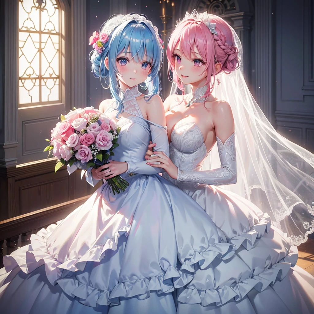 (Light blue medium hair),(Braided hair tied together)、Pink eyes、Fair skin、(whole body),(One Girl),bride,Big smile,Straight bangs,A dignified figure、 6月のbride,Wedding dress,(masterpiece, Highest quality, Very detailed, Best Shadow), (Detailed Background), (Beautifully detailed face), High Contrast, (Best lighting, Very delicate and beautiful), ((Cinematic Light)), colorful, Hyper Detail, Dramatic Light, Intricate details,Chapel background,Bouquet of roses,Ring on left ring finger,