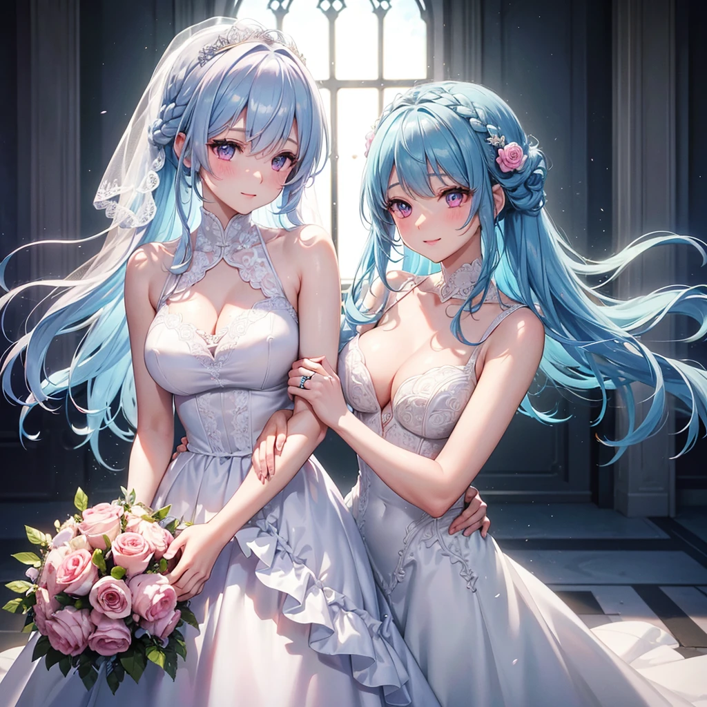 (Light blue medium hair),(Braided hair tied together)、Pink eyes、Fair skin、(whole body),(One Girl),bride,Big smile,Straight bangs,A dignified figure、 6月のbride,Wedding dress,(masterpiece, Highest quality, Very detailed, Best Shadow), (Detailed Background), (Beautifully detailed face), High Contrast, (Best lighting, Very delicate and beautiful), ((Cinematic Light)), colorful, Hyper Detail, Dramatic Light, Intricate details,Chapel background,Bouquet of roses,Ring on left ring finger,