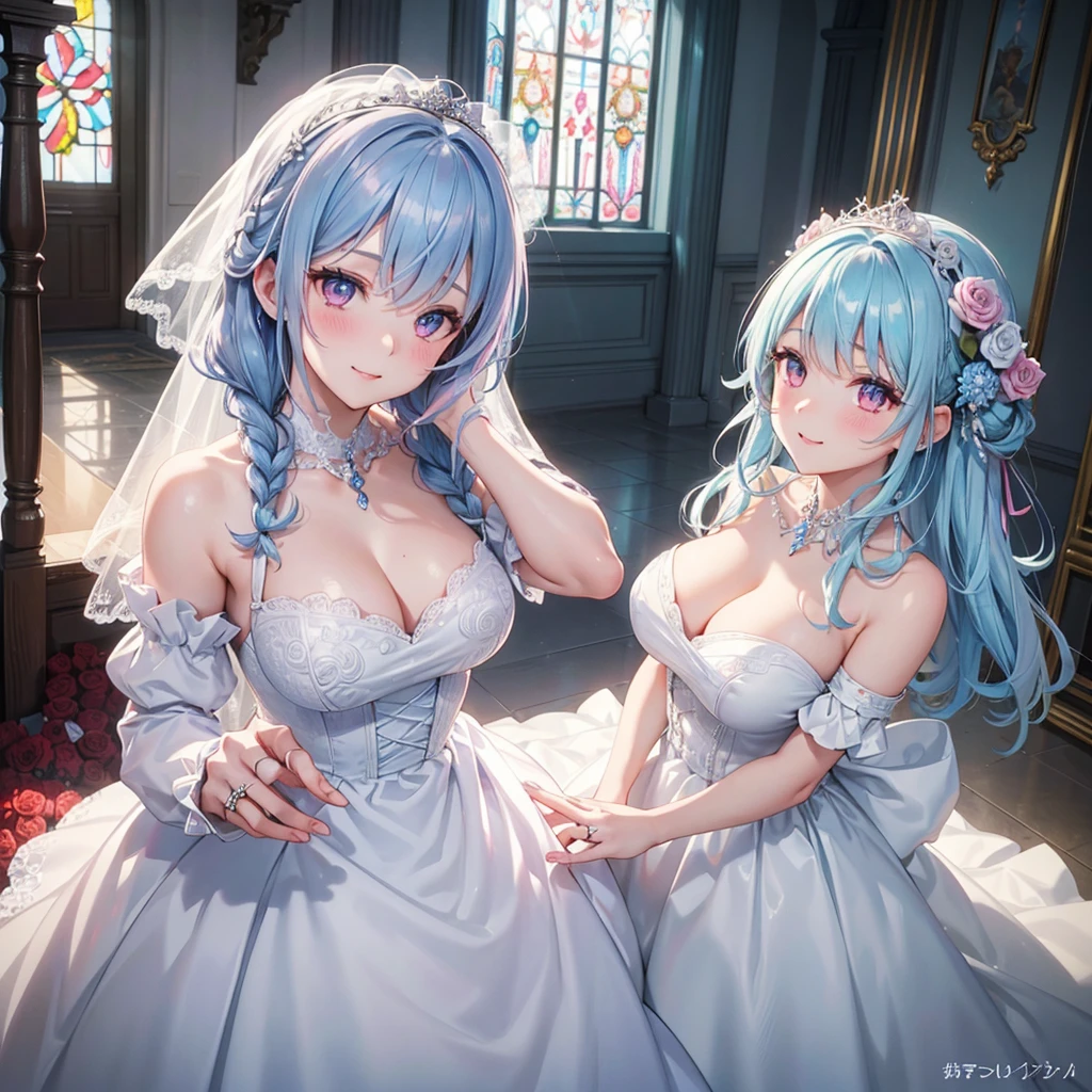 (Light blue medium hair),(Braided hair tied together)、Pink eyes、Fair skin、(whole body),(One Girl),bride,Big smile,Straight bangs,A dignified figure、 6月のbride,Wedding dress,(masterpiece, Highest quality, Very detailed, Best Shadow), (Detailed Background), (Beautifully detailed face), High Contrast, (Best lighting, Very delicate and beautiful), ((Cinematic Light)), colorful, Hyper Detail, Dramatic Light, Intricate details,Chapel background,Bouquet of roses,Ring on left ring finger,