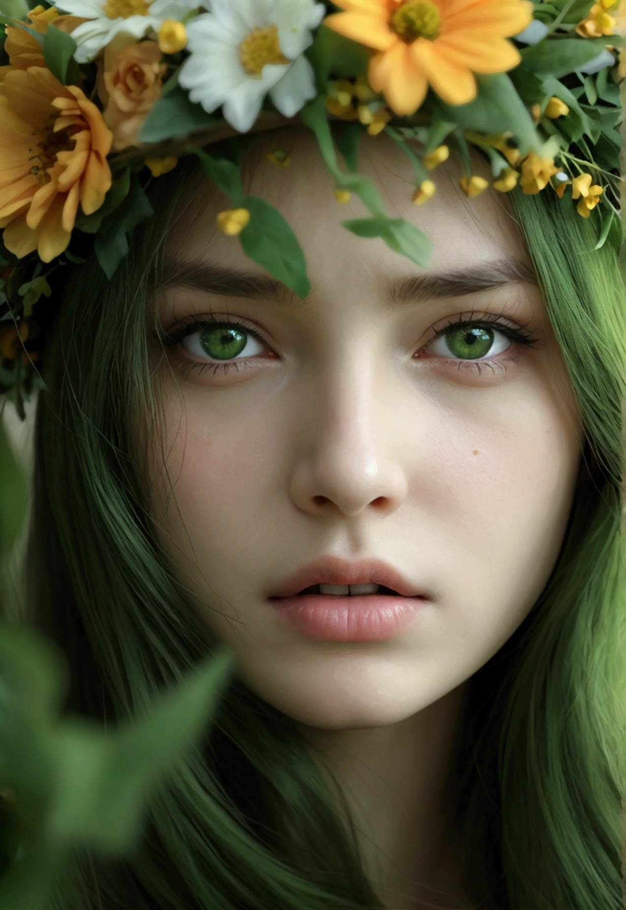 A girl. Face sends feeling. Europe. Oval face. long face. Delicate facial features. close eyes. seductive seductive. long straight hair. green hair. wreath on head. angry expression. straight face. in the flower field
