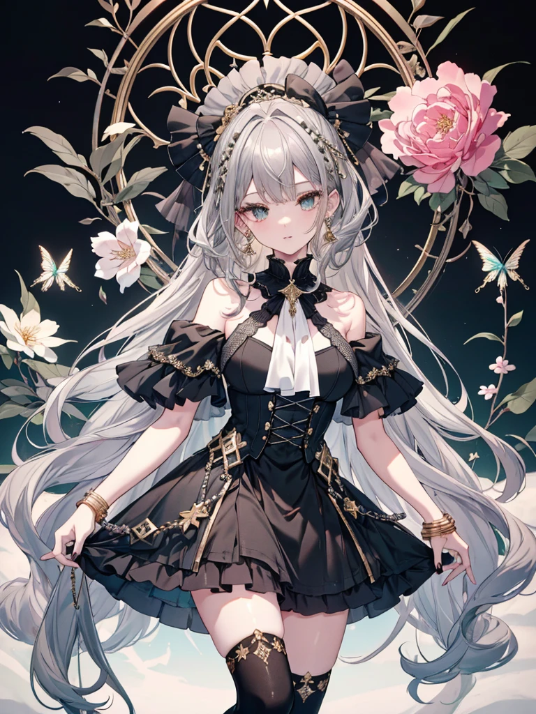 Vivid、8k,High resolution RAW color art, animation,Sculpture, Silver Marble Skin, (((Highly detailed elegant))), Magical atmosphere, Detailed skin, texture,(Exquisitely crafted, The finer details, Ultra-detailed art), Depth of written boundary, Silky Touch, Hyper Detail, White Background、Beautiful Eyes, Elegant face, Ivory Rose, eye shadow、(Highest quality:1.2, High detail, masterpiece:1.2, Best aesthetics), (1 Girl), Beautiful woman, Beautiful attention to detail, Beautiful lip detail, Highly detailed face, Delicate depiction of hair and eyes, Detailed Fashion, Aqua Eye, Earrings, Slightly larger breasts,Full body depiction, ,Focus on the user、Beautiful black off-shoulder top、Beautiful black above the knee skirt、Tights up to the knee、Thighs、Gold decoration, Black nails, (((Gray Hair))), Gold bracelet, Long Straight Hair, Light blue inner hair、Hair、Red cheeks、Looking up、evening、Cherry Blossom、Fluttering clothes,

