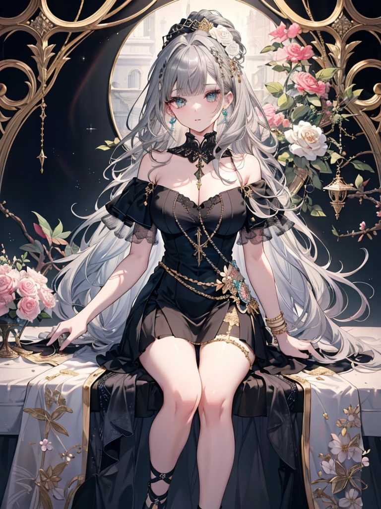 Vivid、8k,High resolution RAW color art, animation,Sculpture, Silver Marble Skin, (((Highly detailed elegant))), Magical atmosphere, Detailed skin, texture,(Exquisitely crafted, The finer details, Ultra-detailed art), Depth of written boundary, Silky Touch, Hyper Detail, White Background、Beautiful Eyes, Elegant face, Ivory Rose, eye shadow、(Highest quality:1.2, High detail, masterpiece:1.2, Best aesthetics), (1 Girl), Beautiful woman, Beautiful attention to detail, Beautiful lip detail, Highly detailed face, Delicate depiction of hair and eyes, Detailed Fashion, Aqua Eye, Earrings, Slightly larger breasts,Full body depiction, ,Focus on the user、Beautiful black off-shoulder top、Beautiful black above the knee skirt、Tights up to the knee、Thighs、Gold decoration, Black nails, (((Gray Hair))), Gold bracelet, Long Straight Hair, Light blue inner hair、Hair、Red cheeks、Looking up、evening、Cherry Blossom、Fluttering clothes,