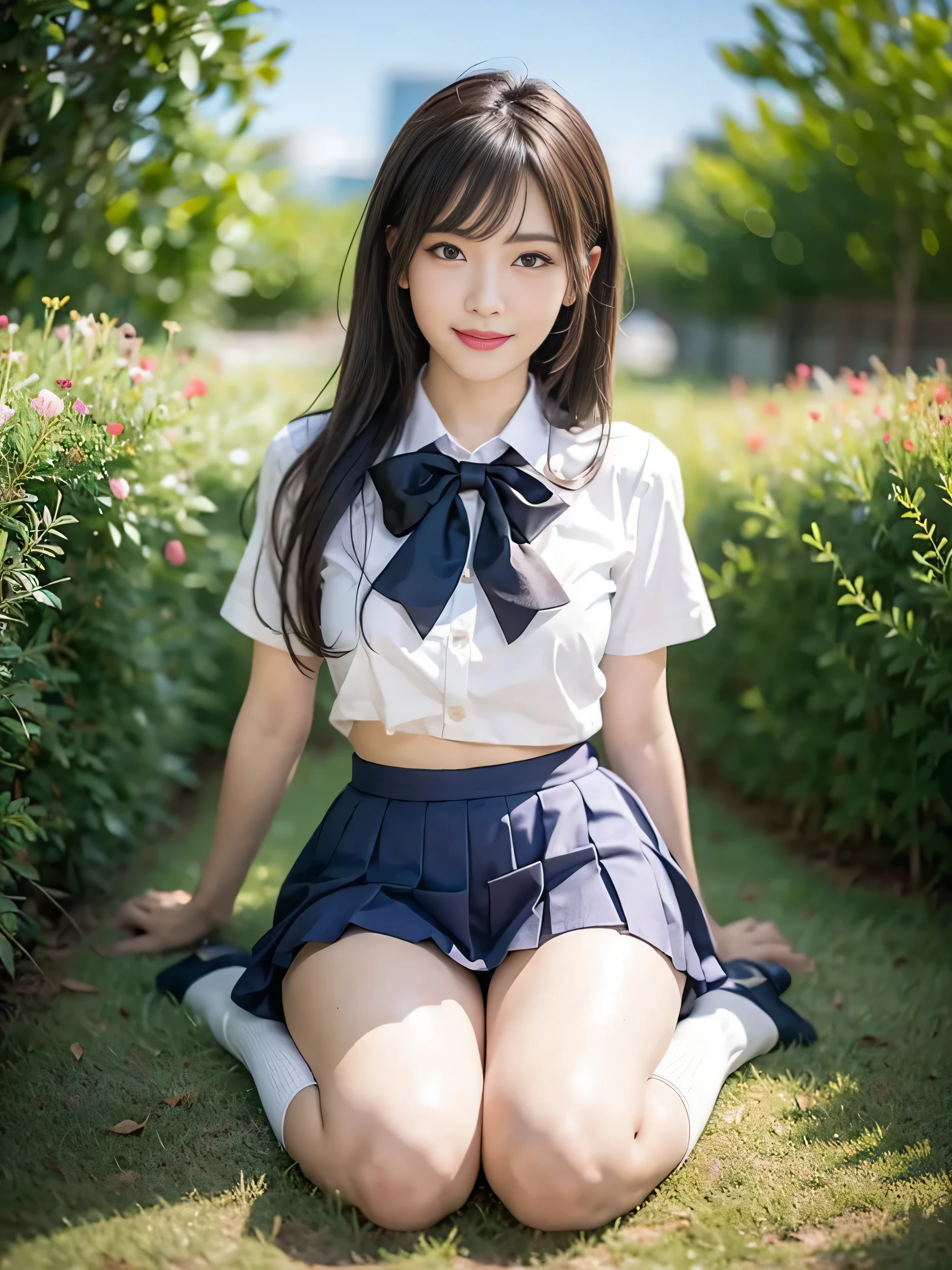 (Highest quality:1.5)、(Realistic:1.5)、(1 person:1.5)、Very detailed、High resolution、、Medium chest、Natural color lips、Cute Smile、Japanese women、20-year-old girl、Beautiful and elegant face、Perfect and beautiful face、Balanced big eyes、Brunette's eyes、Beautiful and elegant face、Natural double eyelids、Natural Bangs、Beautiful thin nose、Beautiful Skin、Medium Bob Hair、Natural Bangs、Perfect and beautiful face、Slim face and figure、Summer blue sky、Mountain Grass Park、Look at the viewers、Sexy school sailor uniform、White short sleeve blouse shirt, Checkered Pleated Micro Mini Skirt,、Knee-high socks、Beautiful belly button、Open the navel、She wears a sexy school sailor uniform that shows her navel、High-angle composition、(Staring at the camera with a sweet smile)、Bright lighting、Professional Lighting、Forward lighting、Beautiful legs:1.2、Smooth Skin、The body is slim、Slim waistline、slim thin thighs、(Kneeling on the grass)、(Angle from below)、Stand on one knee、White clover is blooming sparsely on the lawn..、Dandelions are blooming sparsely on the lawn、