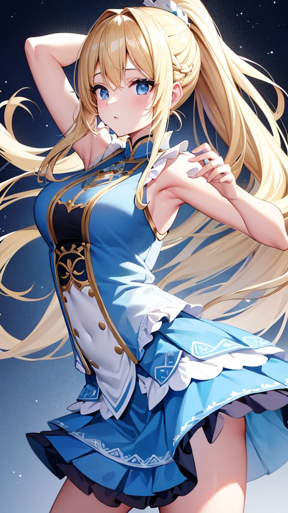 Blonde、ponytail、long hair、Russian beauties、Pale blue eyes、Idol、Color: Blue、dance、Fluffy skirt