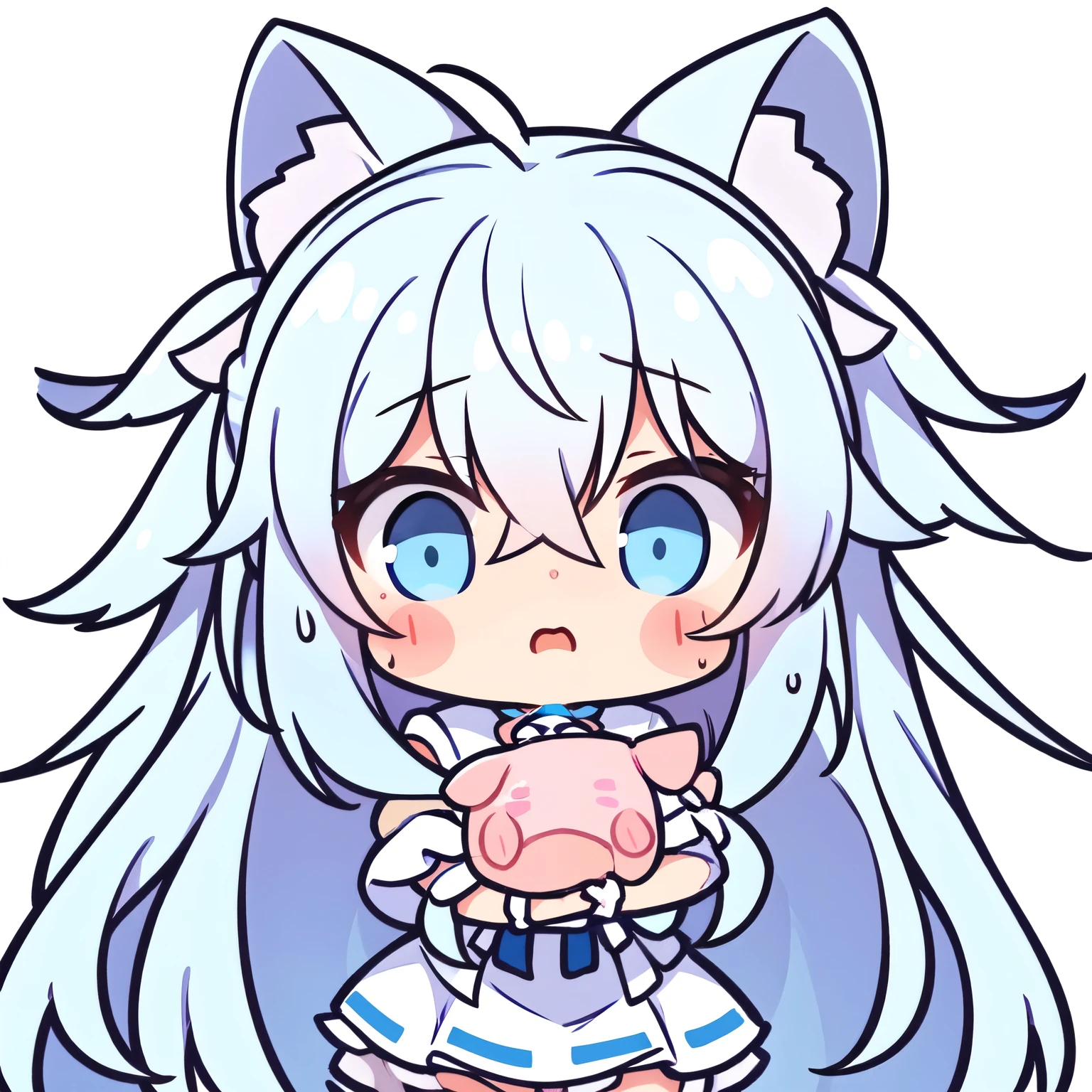 masterpiece，best quality，girl，Long hair，Pig head，Messy hair，Blue and White Ombre Hair，White background，Speechless expression，sweat，Cartoon facial expression，详细的girl头像，Third view，9 emoticons，Three quarter side，Thinking expression，Naturally cute