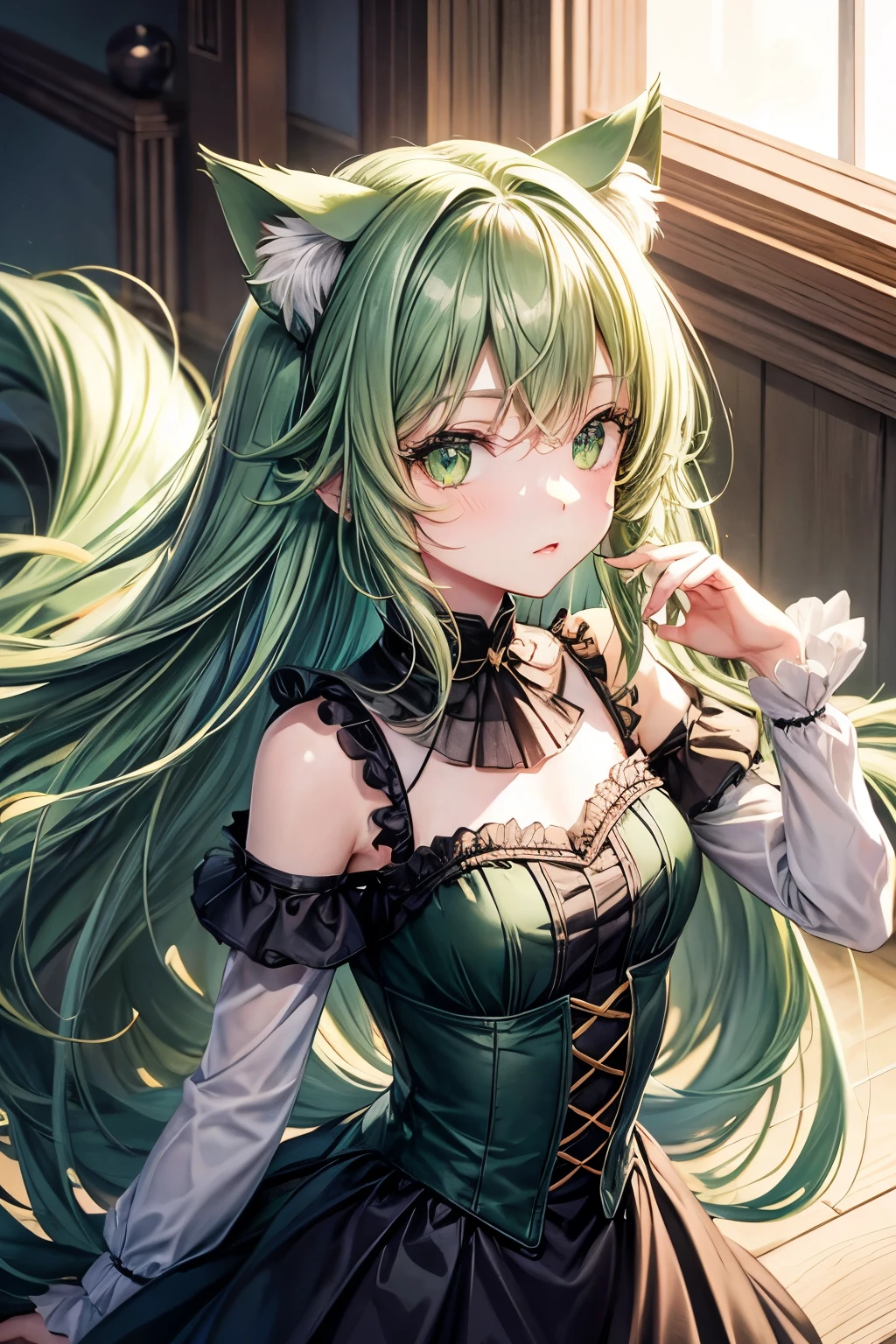 Long green hair，Cat ears，green eyes，little girl