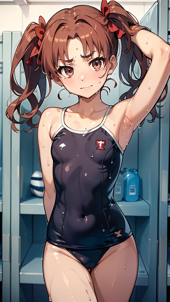 (highest quality, 8K, masterpiece, best image quality, ultra hd, delicate and smooth skin, real looking skin, perfect and beautiful face ,perfect and cute face, high detail skin, perfect limbs、thin waist、thin legs)、grumpy face、twin tails、brown hair、red ribbon、((wet))、((school swimwear))、locker room,arms behind head,nsfw,smile