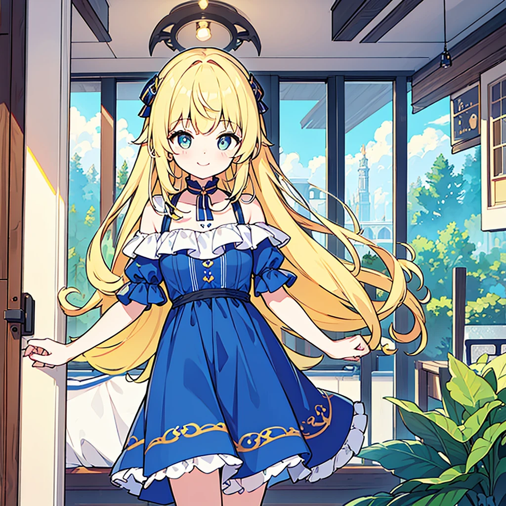 ((best quality)), ((masterpiece)), (detailed), An optimistic girl,Wear a blue dress,He has blonde hair and golden eyes,Smile,Stay indoors