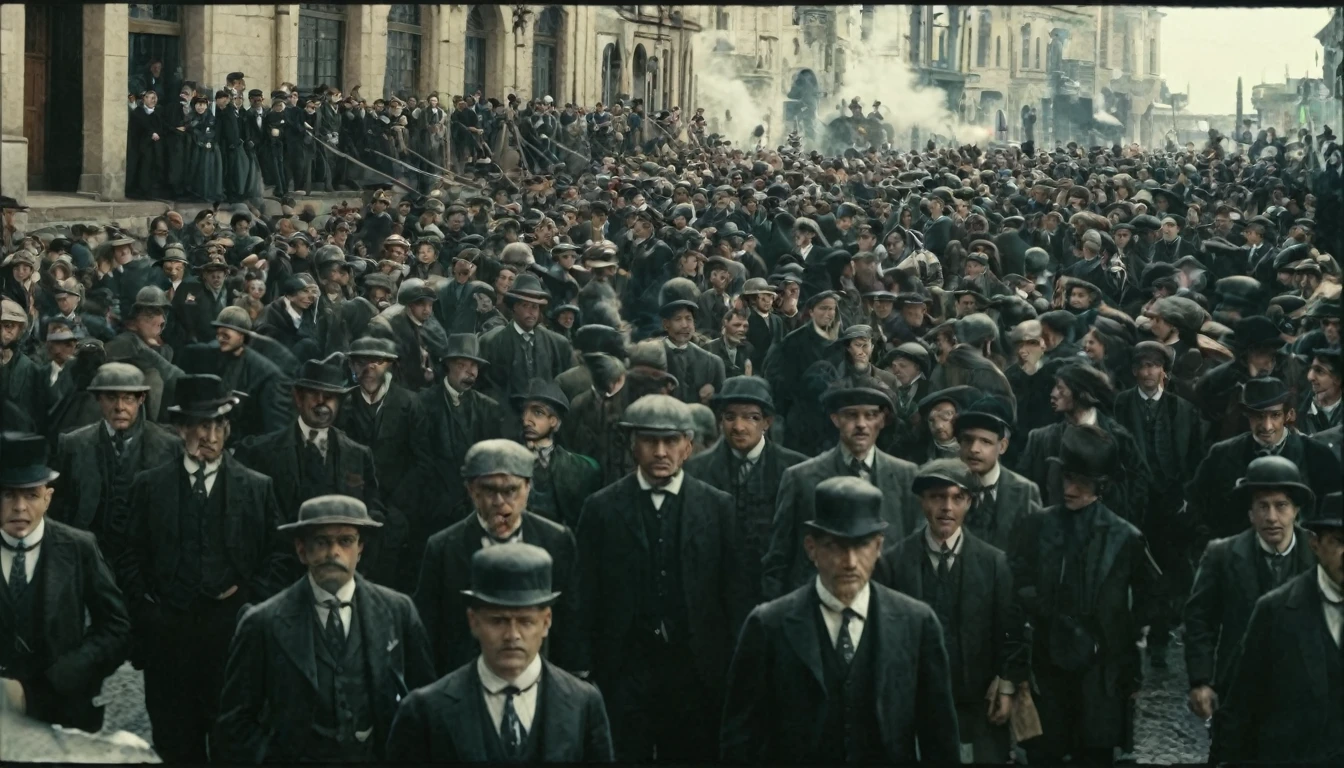there are many people standing in a crowd together on the street, screenshot from a movie, movie still dnd, movie frame, movie still image, Movie scene, movie frame, a24, Peaky Blinders costumes, film movie frame, movie still dnd movie, still from a live action movie