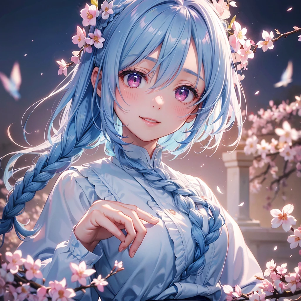 (Light blue medium hair),(Braided hair tied together)、Pink eyes、Fair skin、(whole body)、(uniform)、Cherry Blossoms at Night、A big smile、A dignified figure、solo、(masterpiece、Highest quality、Very detailed、Best Shadow)、(Detailed Background)、(Beautifully detailed face)、High contrast、(Best lighting、Very delicate and beautiful)、((Cinematic Light))、colorful、Hyper Detail、Dramatic Light、Exquisite detail、