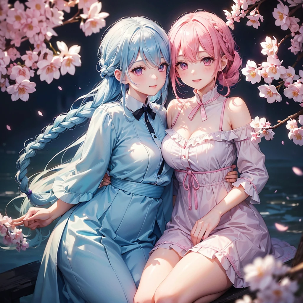 (Light blue medium hair),(Braided hair tied together)、Pink eyes、Fair skin、(whole body)、(uniform)、Cherry Blossoms at Night、A big smile、A dignified figure、solo、(masterpiece、Highest quality、Very detailed、Best Shadow)、(Detailed Background)、(Beautifully detailed face)、High contrast、(Best lighting、Very delicate and beautiful)、((Cinematic Light))、colorful、Hyper Detail、Dramatic Light、Exquisite detail、