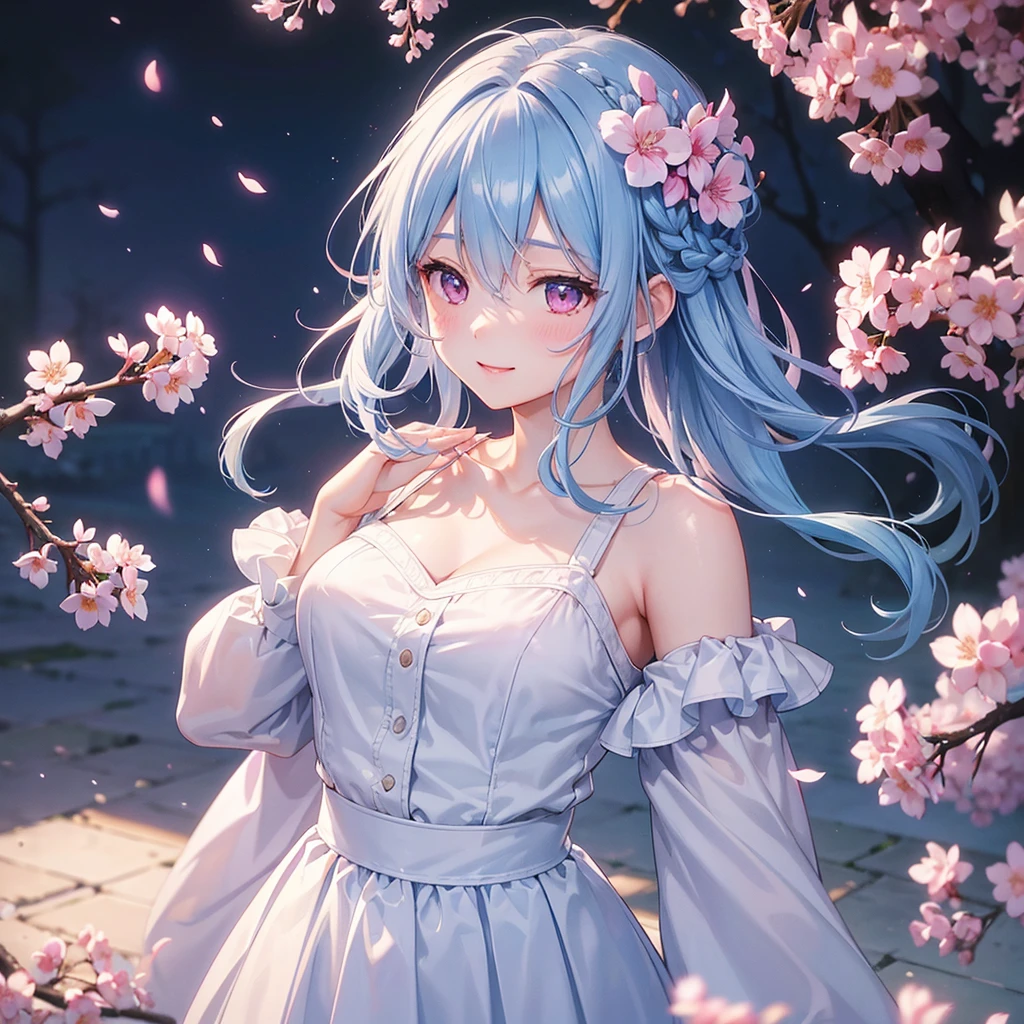 (Light blue medium hair),(Braided hair tied together)、Pink eyes、Fair skin、(whole body)、(uniform)、Cherry Blossoms at Night、A big smile、A dignified figure、solo、(masterpiece、Highest quality、Very detailed、Best Shadow)、(Detailed Background)、(Beautifully detailed face)、High contrast、(Best lighting、Very delicate and beautiful)、((Cinematic Light))、colorful、Hyper Detail、Dramatic Light、Exquisite detail、