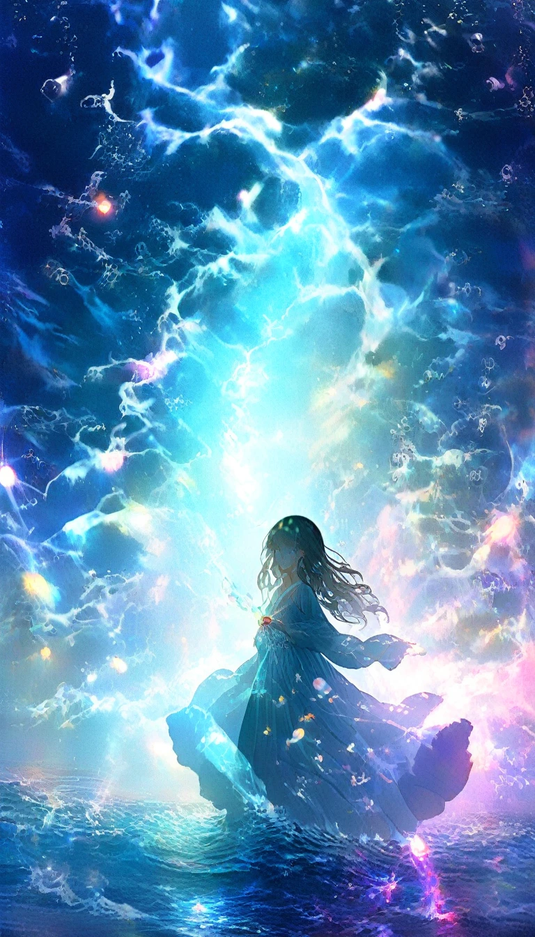 Mysterious glowing spell casting girl, ((Fantasy Rainbow Ocean)), Vibrant colors, Fantastic Light, Detailed speech bubbles, Magical atmosphere, Nice views, Dreamy atmosphere, Sparkling, Roomy robes, The magic touch, Mysterious creatures, ((Sparkling waves)), Mystical symbols, Surreal beauty, haze, There&#39;Magic in the air, A magical moment,Mysterious atmosphere, Whimsical Creatures, Full of charm, Fairy, superpower, Fantasy World
