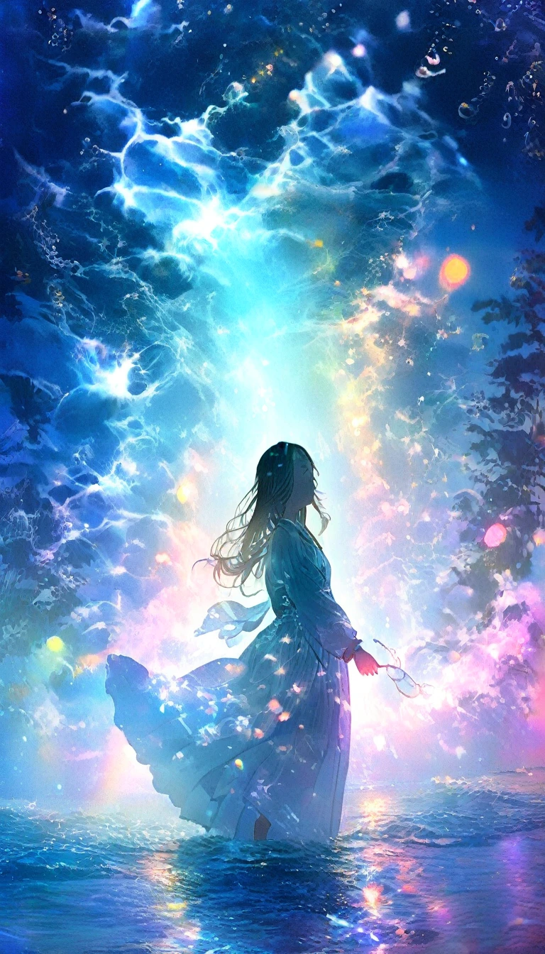 Mysterious glowing spell casting girl, ((Fantasy Rainbow Ocean)), Vibrant colors, Fantastic Light, Detailed speech bubbles, Magical atmosphere, Nice views, Dreamy atmosphere, Sparkling, Roomy robes, The magic touch, Mysterious creatures, ((Sparkling waves)), Mystical symbols, Surreal beauty, haze, There'Magic in the air, A magical moment,Mysterious atmosphere, Whimsical Creatures, Full of charm, Fairy, superpower, Fantasy World