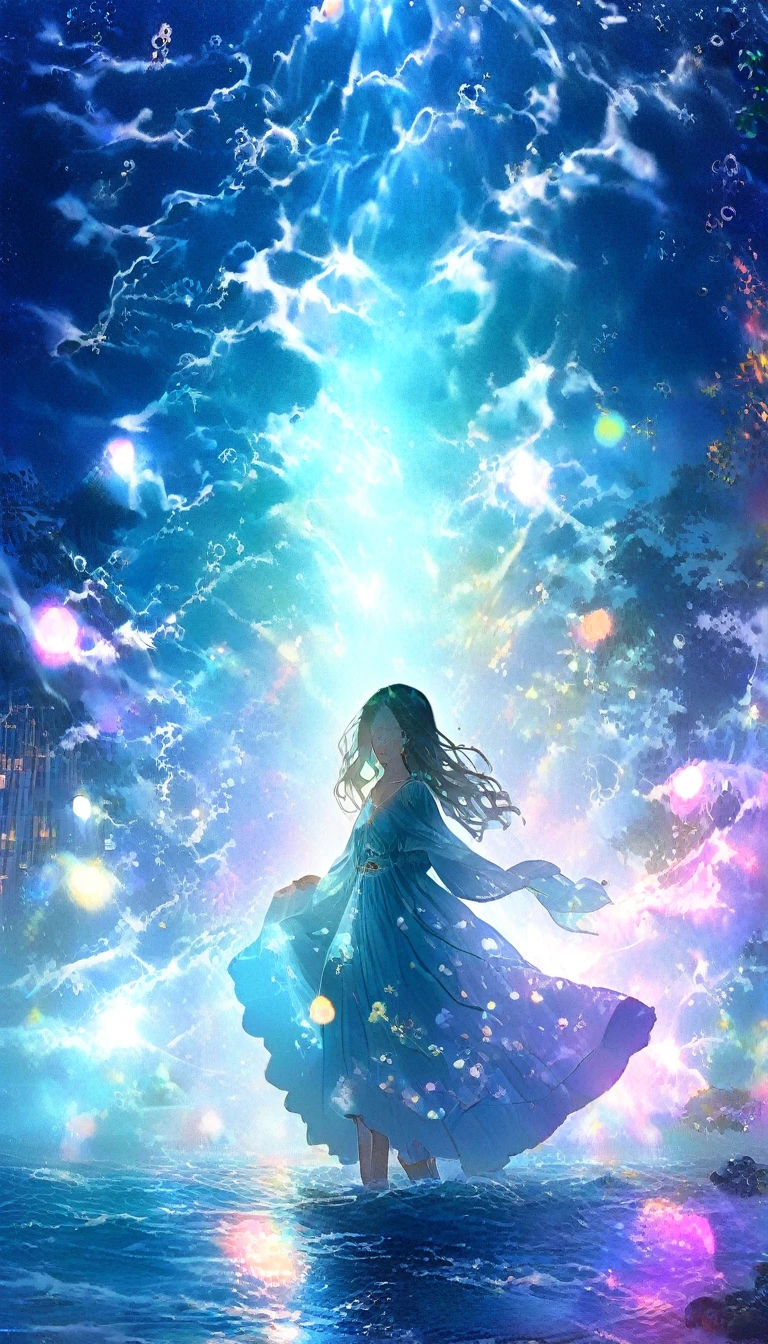 Mysterious glowing spell casting girl, ((Fantasy Rainbow Ocean)), Vibrant colors, Fantastic Light, Detailed speech bubbles, Magical atmosphere, Nice views, Dreamy atmosphere, Sparkling, Roomy robes, The magic touch, Mysterious creatures, ((Sparkling waves)), Mystical symbols, Surreal beauty, haze, There&#39;Magic in the air, A magical moment,Mysterious atmosphere, Whimsical Creatures, Full of charm, Fairy, superpower, Fantasy World
