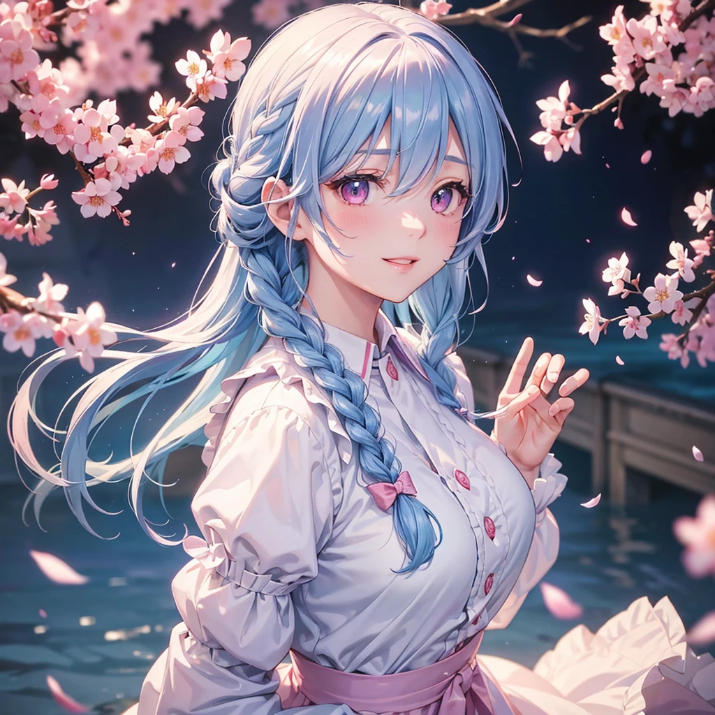 (Light blue medium hair),(Braided hair tied together)、Pink eyes、Fair skin、(whole body)、(uniform)、Cherry Blossoms at Night、A big smile、A dignified figure、solo、(masterpiece、Highest quality、Very detailed、Best Shadow)、(Detailed Background)、(Beautifully detailed face)、High contrast、(Best lighting、Very delicate and beautiful)、((Cinematic Light))、colorful、Hyper Detail、Dramatic Light、Exquisite detail、