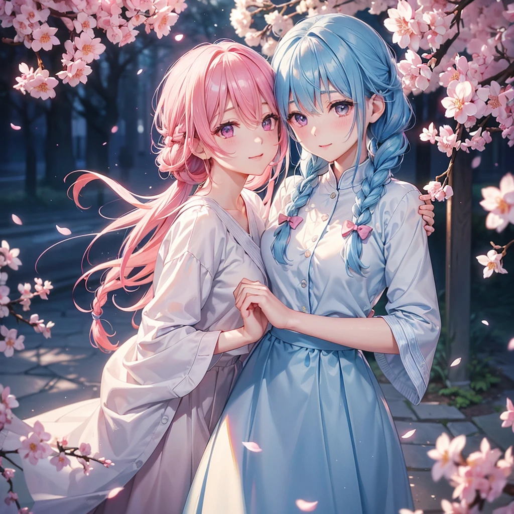 (Light blue medium hair),(Braided hair tied together)、Pink eyes、Fair skin、(whole body)、(uniform)、Cherry Blossoms at Night、A big smile、A dignified figure、solo、(masterpiece、Highest quality、Very detailed、Best Shadow)、(Detailed Background)、(Beautifully detailed face)、High contrast、(Best lighting、Very delicate and beautiful)、((Cinematic Light))、colorful、Hyper Detail、Dramatic Light、Exquisite detail、