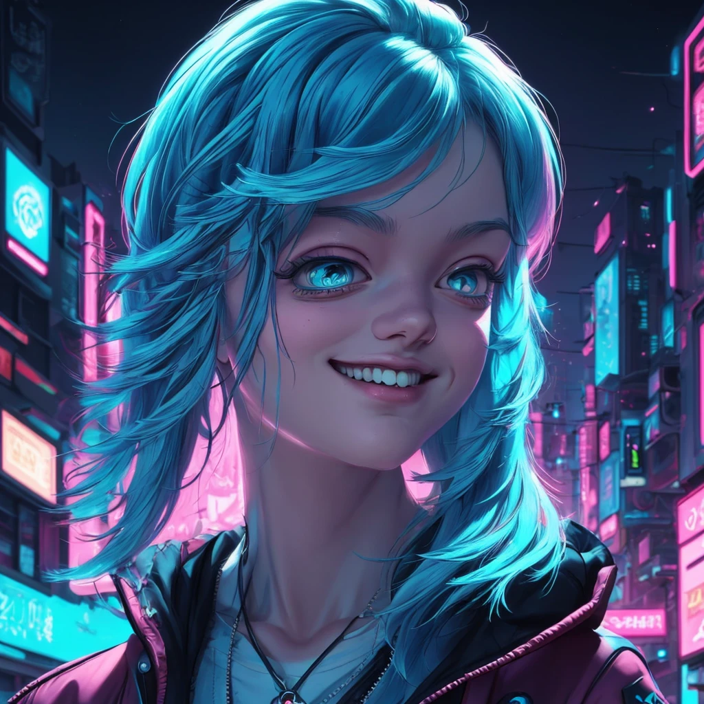 there is a woman with blue hair and a jacket, hyper-realistic cyberpunk style, realistic art style, Retrato ciberpunk, 🤤 portrait of , cyberpunk artstyle, cyberpunk anime digital art, Retrato de RossDraws, garota cyberpunk sonhadora, the cyberpunk portrait of , portrait of cg society, cyberpunk style ， hyper realist, realism art style, photorealistic art style, rossdraws pastel vibrante, smiling