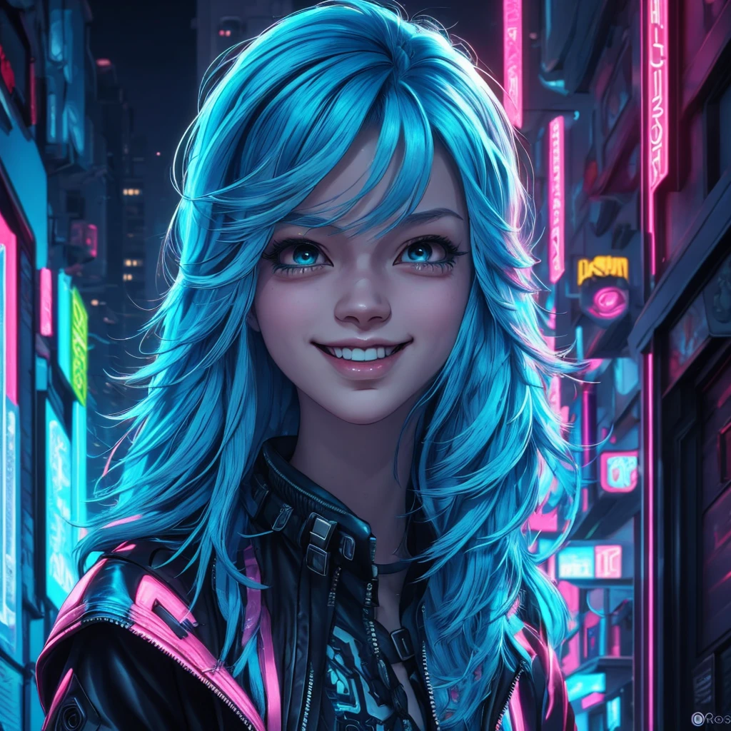 there is a woman with blue hair and a jacket, hyper-realistic cyberpunk style, realistic art style, Retrato ciberpunk, 🤤 portrait of , cyberpunk artstyle, cyberpunk anime digital art, Retrato de RossDraws, garota cyberpunk sonhadora, the cyberpunk portrait of , portrait of cg society, cyberpunk style ， hyper realist, realism art style, photorealistic art style, rossdraws pastel vibrante, smiling