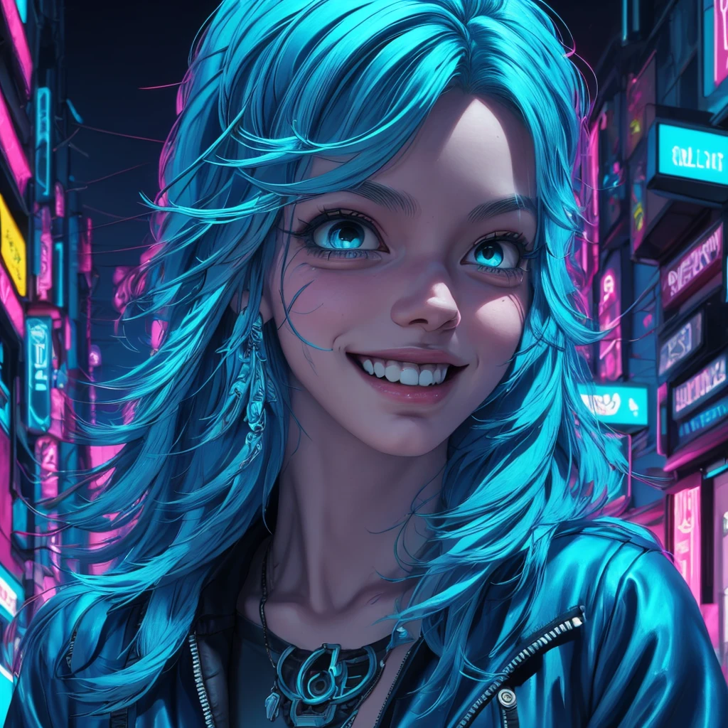 there is a woman with blue hair and a jacket, hyper-realistic cyberpunk style, realistic art style, Retrato ciberpunk, 🤤 portrait of , cyberpunk artstyle, cyberpunk anime digital art, Retrato de RossDraws, garota cyberpunk sonhadora, the cyberpunk portrait of , portrait of cg society, cyberpunk style ， hyper realist, realism art style, photorealistic art style, rossdraws pastel vibrante, smiling