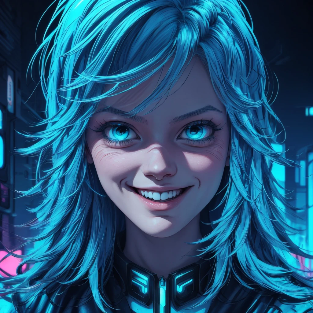 there is a woman with blue hair and a jacket, hyper-realistic cyberpunk style, realistic art style, Retrato ciberpunk, 🤤 portrait of , cyberpunk artstyle, cyberpunk anime digital art, Retrato de RossDraws, garota cyberpunk sonhadora, the cyberpunk portrait of , portrait of cg society, cyberpunk style ， hyper realist, realism art style, photorealistic art style, rossdraws pastel vibrante, smiling