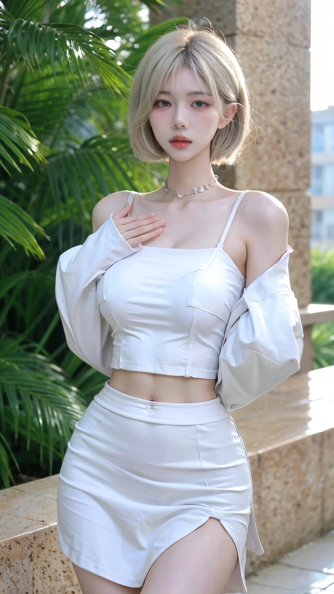 Beautiful woman with perfect figure:1.4,Layered Hairstyle,White skin,Prominent cleavage,Super short pleated skirt,whole body,Very delicate face and skin texture,Double eyelids,Skin Whitening,Long white hair