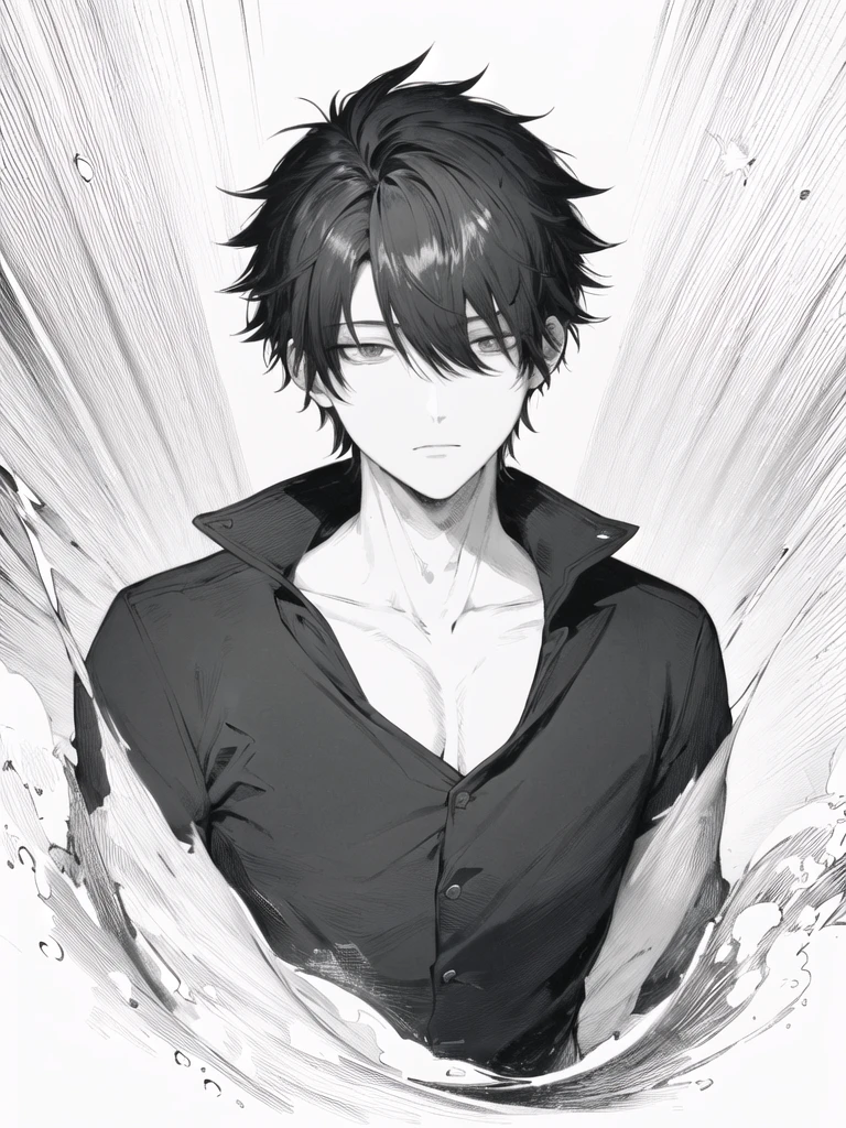 anime boy with black short hair, black eyes, expressionless and calm face and black jacket looking at camera, boys with black hair, detailed portrait of anime boy, semirealistic anime style, stunning anime face portrait, beautiful anime portrait, perfect fluffy haired male, fine details.