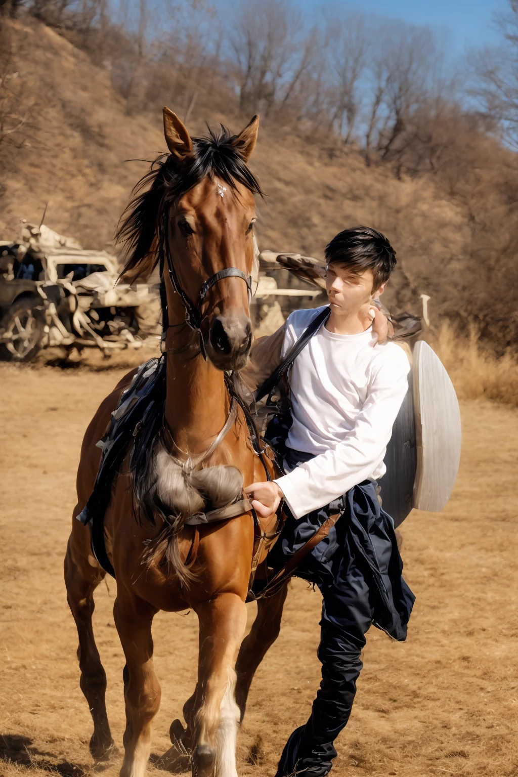 A cute twink male with a make-up face and black hair. He is wearing a long-sleeved white shirt and brown pants. He is riding a horse. He is on the battlefield fighting against the army. He has a sword and shield in his hand, and behind him is a large assembled army.