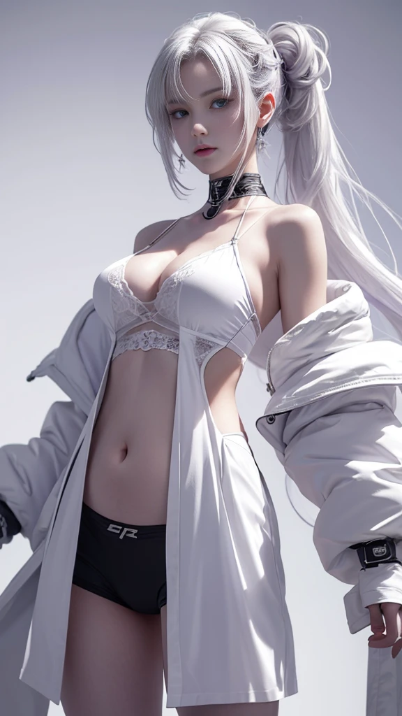 masterpiece,best quality,high resolution,8K,Focus on the thighs and above,original photo,Digital Photography,(Sci-fi style women),20 year old girl,Long ponytail hairstyle,By Bangs,(Purple Eyes),(White hair),Full breasts,Felling,Elegance and nobility,Serious and indifferent,Open white coat,(Black Camisole),Rich details,shut your mouth,Show your belly button,Exquisite decoration,Cyberpunk future style,(Female Scholar),Photo poses,White background,oc render reflection texture