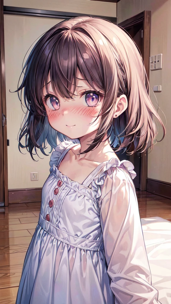 (Ultra-high resolution of the highest quality, masutepiece, Best Quality, 8K, Super Detail, Best Quality:1.3), (Anatomically correct:1.3), (face shot:1.6), (1 ), (Child), (Loli), (inf, (Small body), (flat chest), (elementary school student), (blush face:1.6), short black wavy hair, bangs hair over eyes, (drooping eyes), (blouse), girl's own room, funny smile, (beautiful hair, beautiful eyes, beautiful face) (face focus, human ear focus, clavicle focus), from side