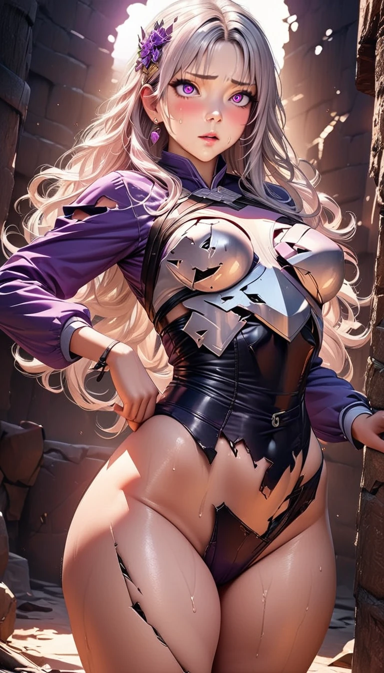 ((((masterpiece, Highest quality, High resolution)))), Extremely detailed 8K, Beautiful girl with a voluptuous body, (Ultra HD, Super detailed, Very detailed, Very realistic, Ultra-realistic, Photo Real), (One girl:1.5), (Realistic white hair), (Short Wavy Hair, hair ornaments, Earrings), (Dynamic pose), To the camera, View your viewers, (blush, Embarrassing), (Purple eyes, Sharp eyes), (Firm breasts:1.2), (Beautifully detailed face, Beautiful attention to detail), ((Broken Armor, Chest Plate, Thighs)), (stand up), Sweat, shine, (Sunbeam, sunlight), ((Cowboy Shot)), In the dungeon, Fascinating